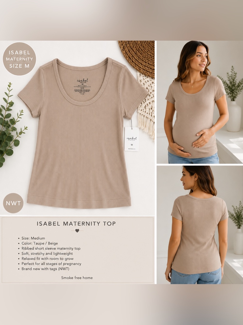 Isabel Maternity by Ingrid & Isabel Ribbed Scoop Neck Top Size Medium NWT Taupe